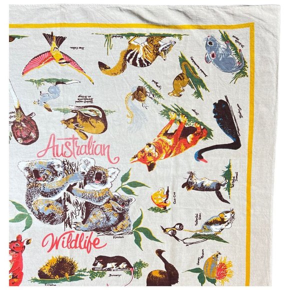 Vintage Wildlife Of Australia Linen Tablecloth Wall Hanging Koala Bear 52” X 45” - Picture 3 of 9